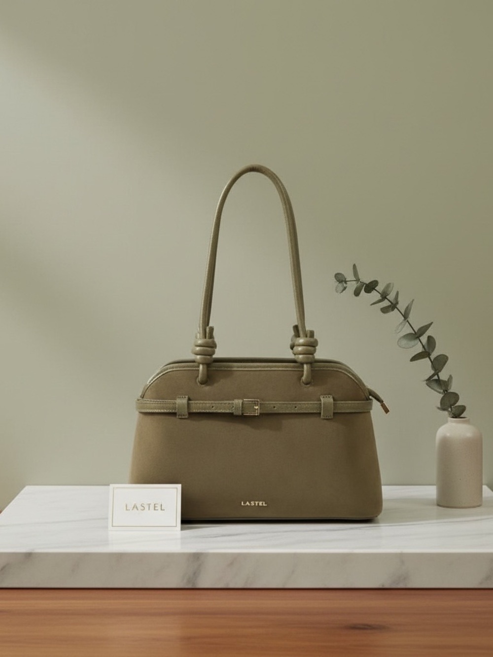 Olive Green Top-Handle Shoulder Bag with Charm